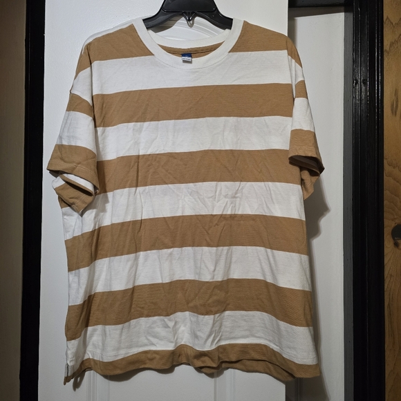 Old Navy Tops - Old Navy Women's Striped Tan & White Casual Crewneck Tee Shirt Size XL